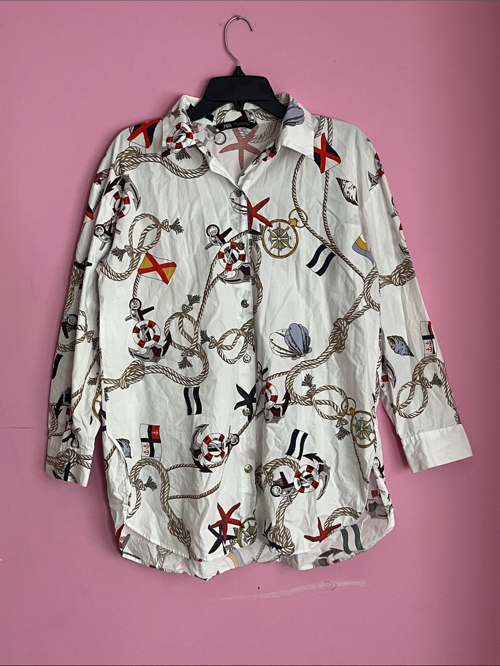 Zara White Button-Up Shirt with Coral Starfish & Navy Rope Print